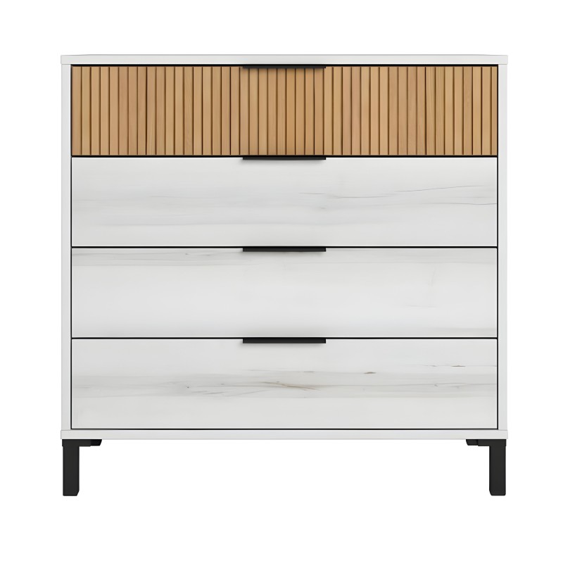 Cómoda blanca con tres cajones y puerta superior en madera clara con lamas verticales y patas negras