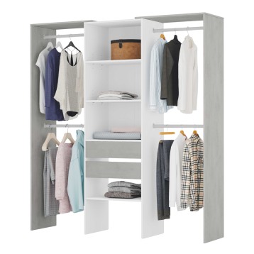 Armario abierto con estructura gris y blanca con dos barras de colgar y múltiples estantes con ropa y accesorios