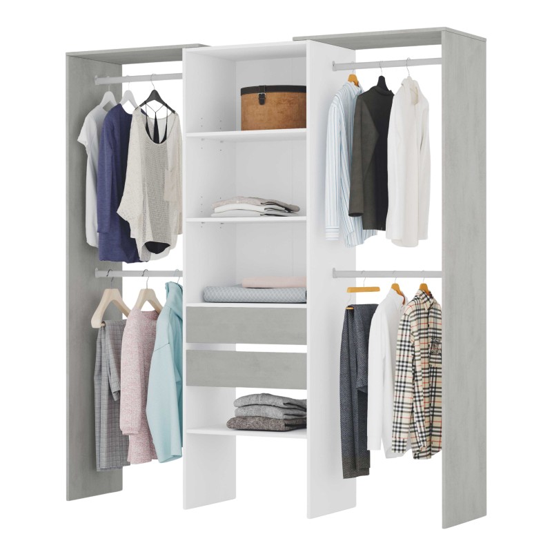 Armario abierto con estructura gris y blanca con dos barras de colgar y múltiples estantes con ropa y accesorios
