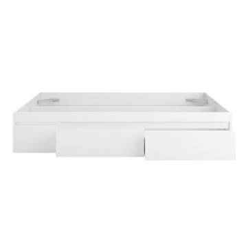 Cama blanca con cajones de almacenaje extraíbles en la base y tirador metálico