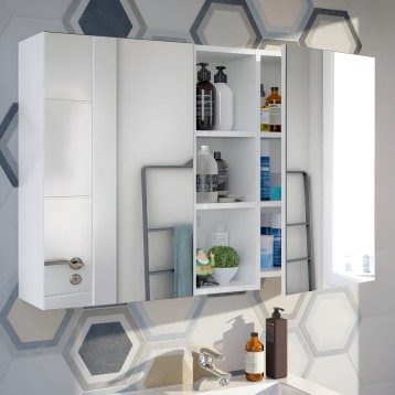 armario blanco con espejo y compartimentos abiertos conteniendo productos de baño y cuidado personal
