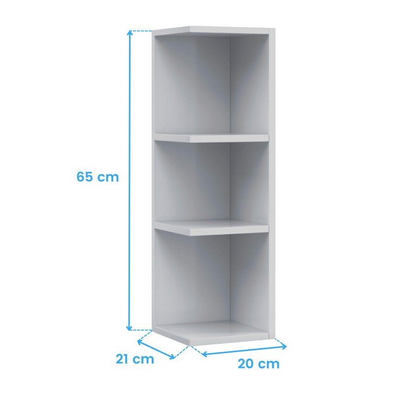 Estantería vertical blanca con tres compartimentos abiertos y estantes fijos