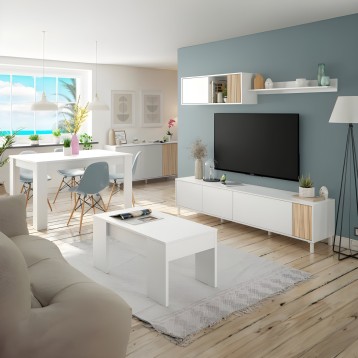 Mueble TV blanco con puertas y detalles en madera natural en ambiente de salón moderno