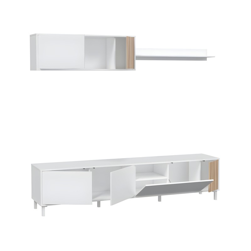 Mueble de salón modular blanco y madera con puertas y estantes abiertos vista de conjunto
