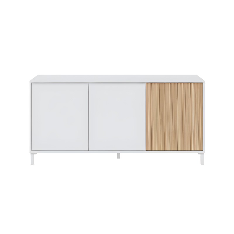 Aparador blanco con puertas lisas y lateral con tablillas de madera natural sobre patas metálicas