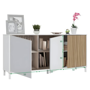 Aparador con puertas blancas y madera natural y estantes abiertos para almacenamiento