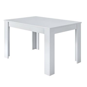 Mesa de comedor rectangular blanca con tablero gris y patas cuadradas de madera