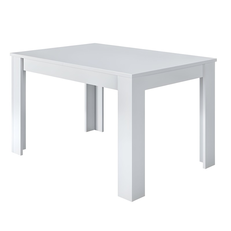 Mesa de comedor rectangular blanca con tablero gris y patas cuadradas de madera