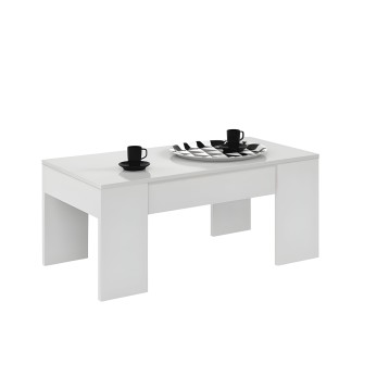 Mesa de centro rectangular blanca y patas decorada con tazas y platos negros