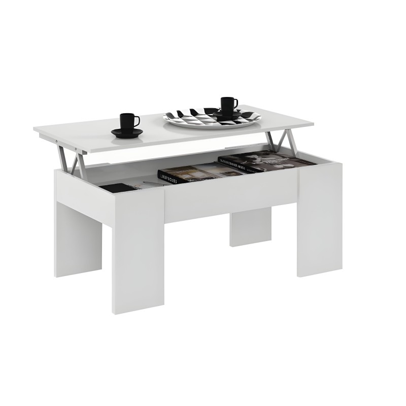 Mesa de centro blanca con tablero abatible y almacenamiento inferior abierto con decoración