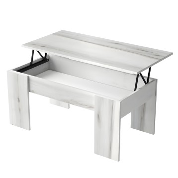 Mesa de centro elevable en madera blanca con tapa abatible y mecanismo de patas negras