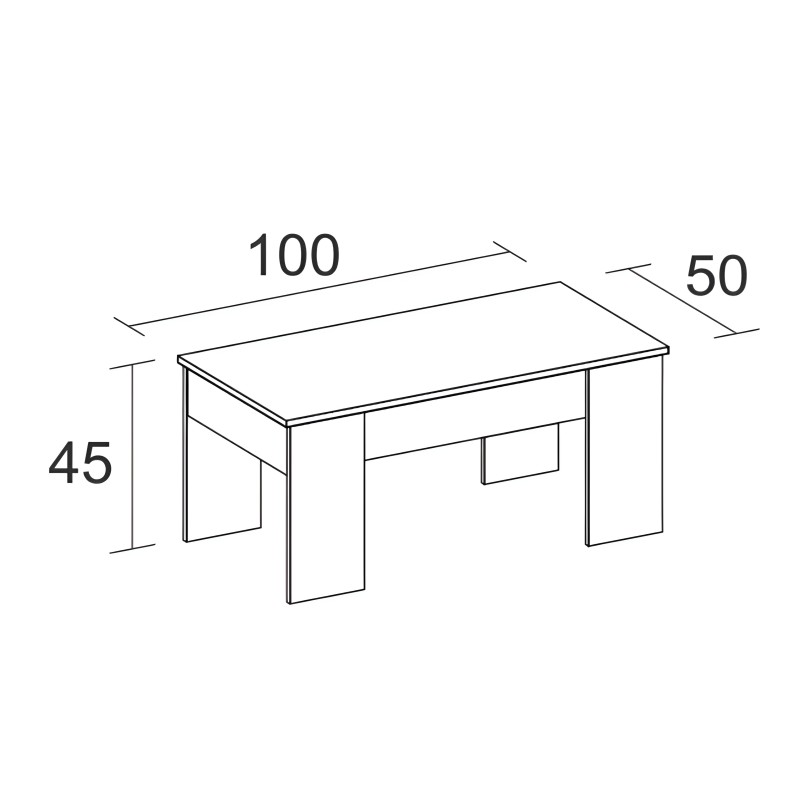 Mesa rectangular con cajón frontal y patas de madera vista en perspectiva técnica