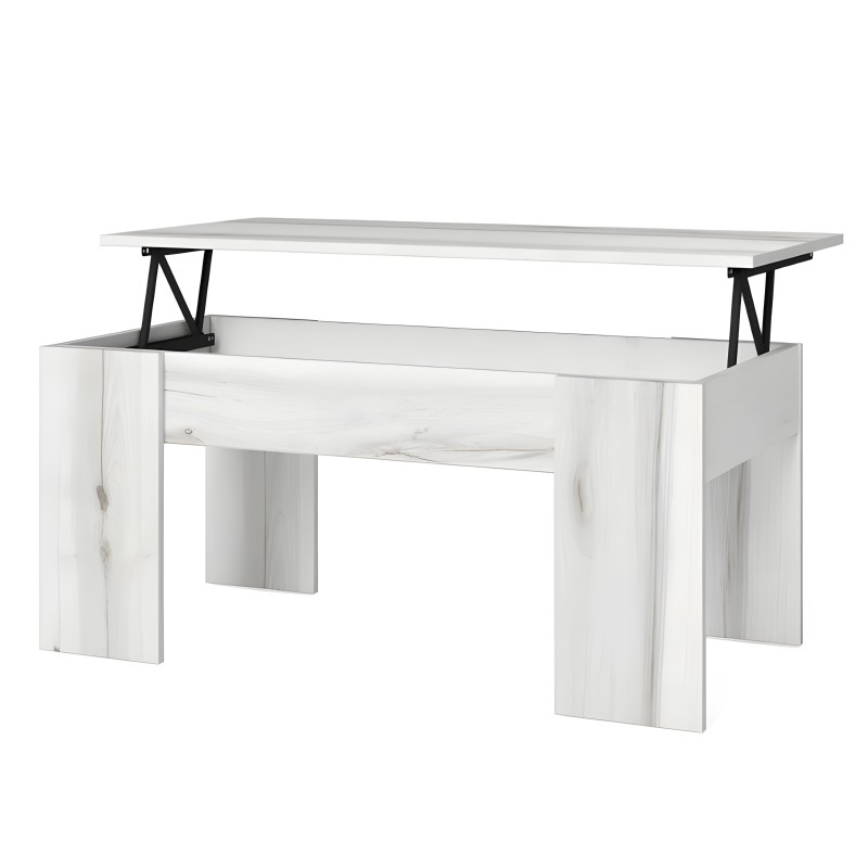 Mesa de centro elevable blanca con tablero gris y patas de madera con herrajes negros
