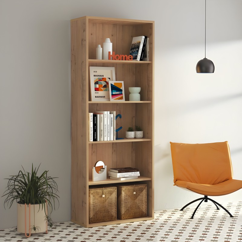 Estantería de madera natural con seis compartimentos abiertos y dos cajones de fibra en la base para almacenaje y decoración