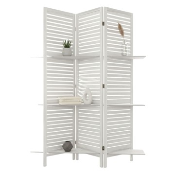 Biombo de tres paneles color blanco con lamas horizontales y estantes integrados para decoración y almacenaje