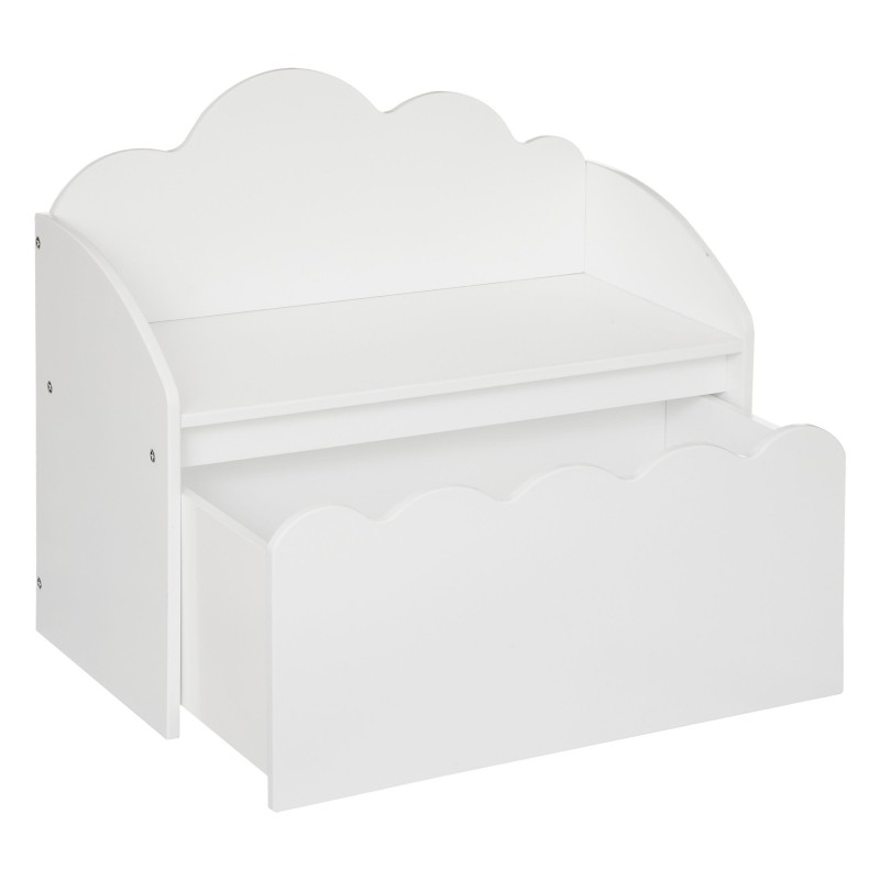 Baúl blanco con respaldo en forma de nube y almacenaje integrado en la base