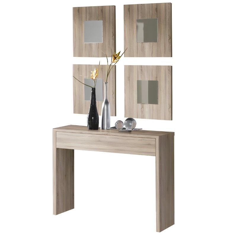 Consola madera clara con cajón y espejo mural cuadrado en ambiente decorado con floreros y accesorios