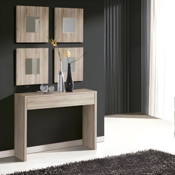 Consola madera clara con cajón y espejo decorativo cuadrado pared incluido en composición ambiente