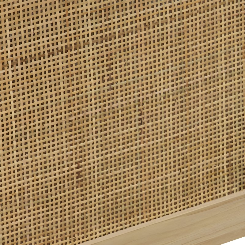 Detalle de panel de madera clara con trama perforada cuadrada y borde inferior en madera natural