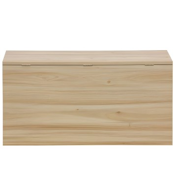 Baúl de madera clara con tapa abatible y acabado natural vista frontal