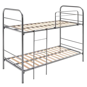 Cama litera metal gris con estructura tubular y somier de madera natural en dos niveles