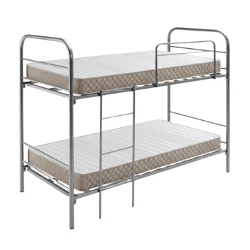 Cama litera metálica con estructura gris y dos colchones acolchados beige y blanco