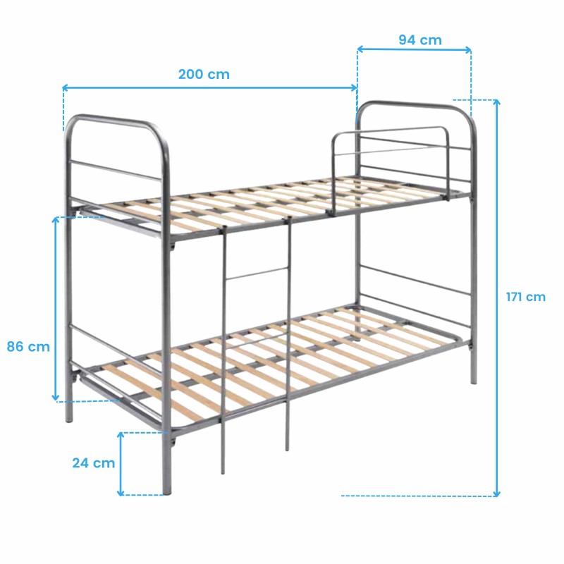 Cama litera de metal gris con estructura tubular y somier de madera natural vista frontal con medidas