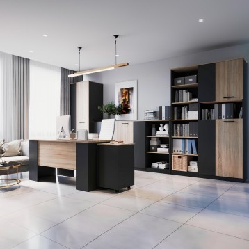 Escritorio ejecutivo con estructura negra y tablero en madera clara junto a estantería modular negra y madera en ambiente de ofi