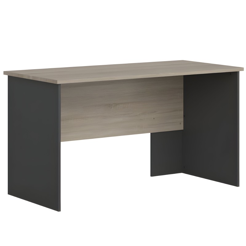 Escritorio rectangular con tablero gris claro y paneles laterales negros en acabado mate