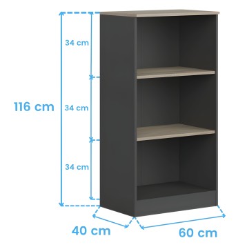 Estantería abierta de madera negra y natural con tres estantes horizontales y estructura vertical compacta