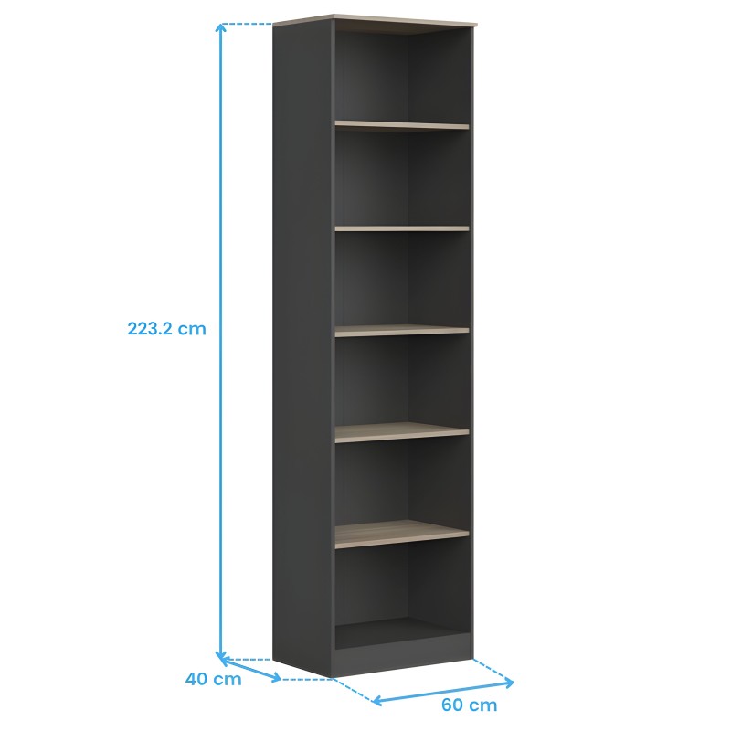 Estantería vertical negra con siete estantes de madera clara y estructura cerrada lateral