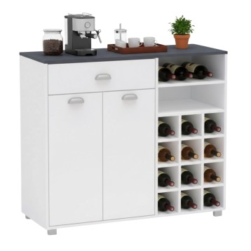 Aparador blanco con encimera gris oscuro y botellero integrado con capacidad para vinos y accesorios de cocina