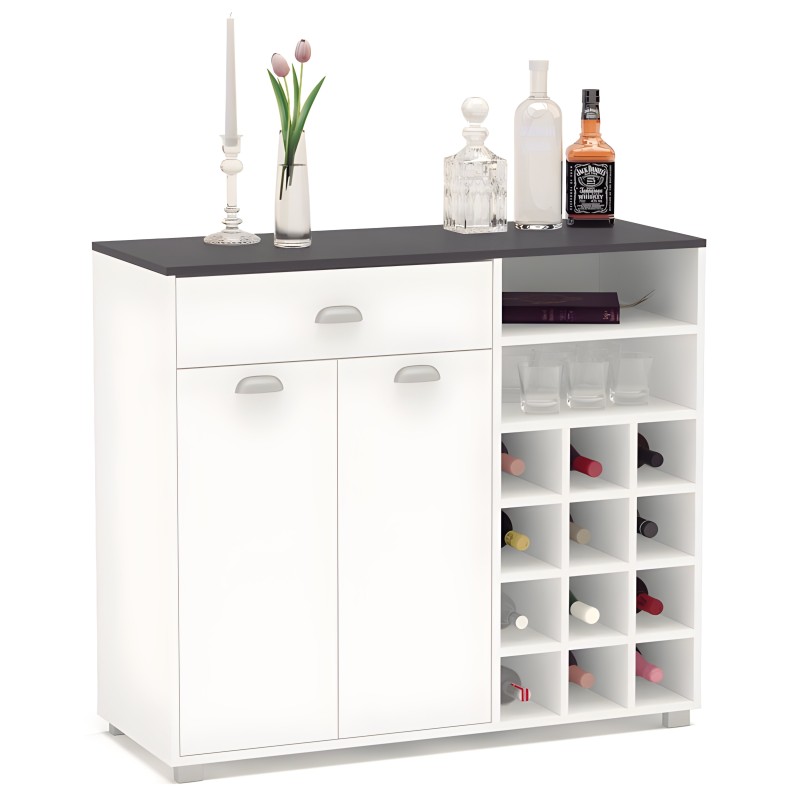 Mueble bar blanco y gris con cajones y vitrina para botellas y copas decorado con flores y botellas