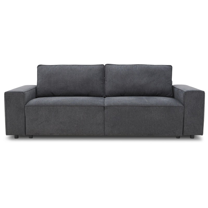Sofá de dos plazas en tela gris oscuro con brazos anchos y patas metálicas vista frontal