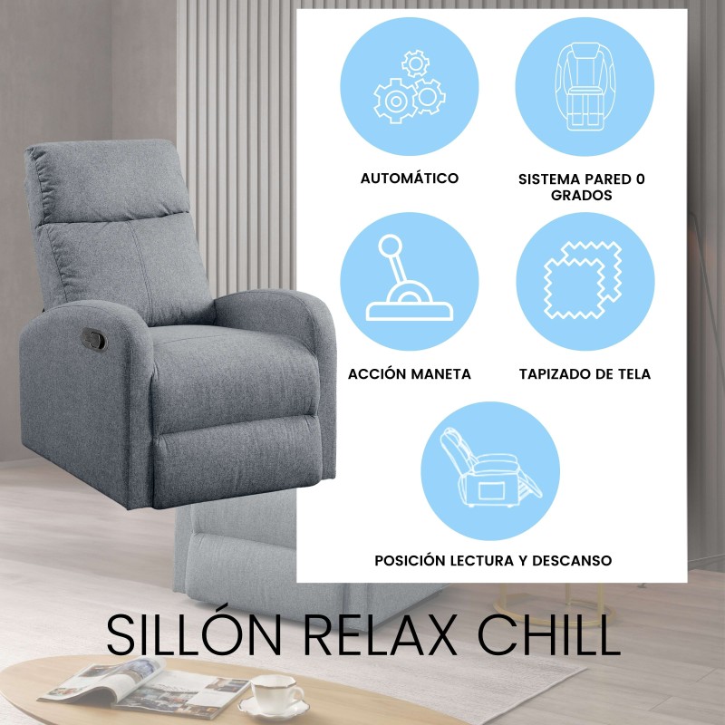Sillón relax reclinable gris claro con respaldo alto y mecanismo manual y automático para posición de lectura y descanso