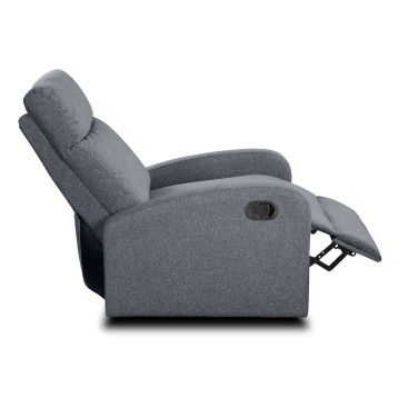 Sillón reclinable gris en tela con respaldo ajustable y reposapiés extensible vista lateral