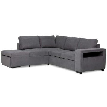 Sofá seccional gris en forma de L con chaise longue y reposabrazos altos modelo modular