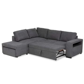Sofá esquinero gris oscuro con chaise longue y cama abatible integrada vista frontal