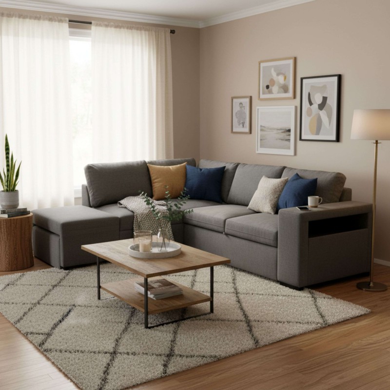 Sofá seccional gris con chaise longue y cojines decorativos en ambiente de sala