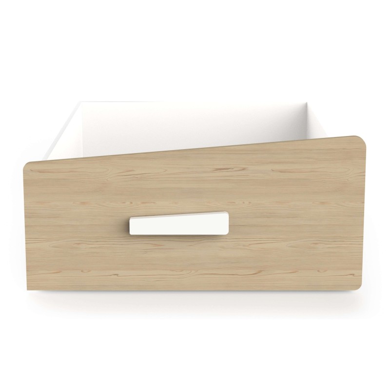 Cajón de madera clara con frente redondeado y asa rectangular blanca integrada en el centro