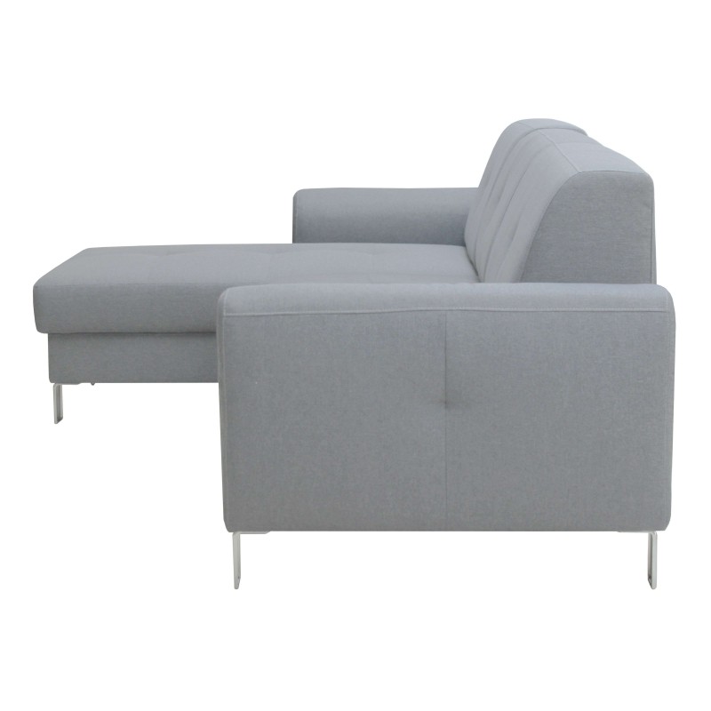 Sofá rinconera gris claro con chaise longue izquierdo y patas metálicas vista desde atrás