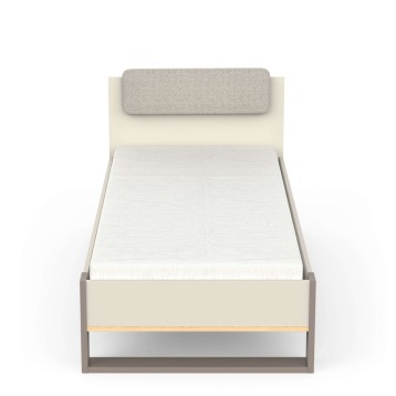 Cama individual con cabecero tapizado en beige y gris y estructura de madera gris con detalles en dorado