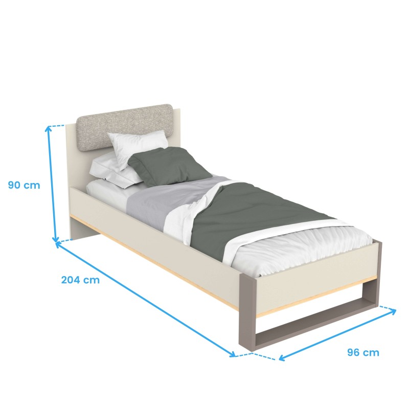 Cama individual estructura blanca con cabecero tapizado gris y detalles en madera natural