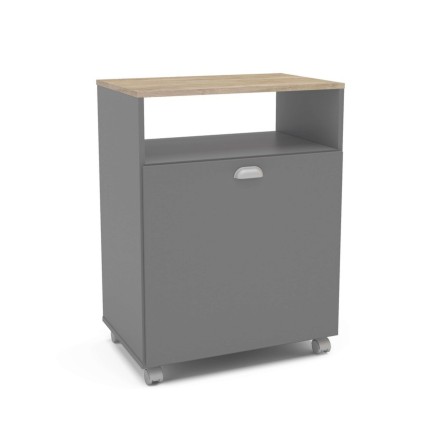 Mueble auxiliar gris con tapa de madera natural y ruedas