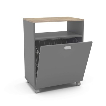 Mueble auxiliar gris con ruedas tablero roble cesto extraíble y estantes abiertos para lavandería y almacenaje