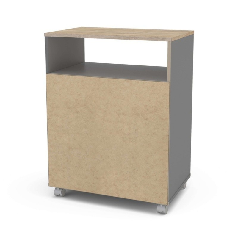 Mueble auxiliar gris con cajón y estantes en madera y acero con ruedas para almacenamiento y organización