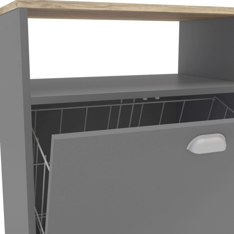 Mueble auxiliar con ruedas frente beige y estructura gris con estante abierto y puerta inferior