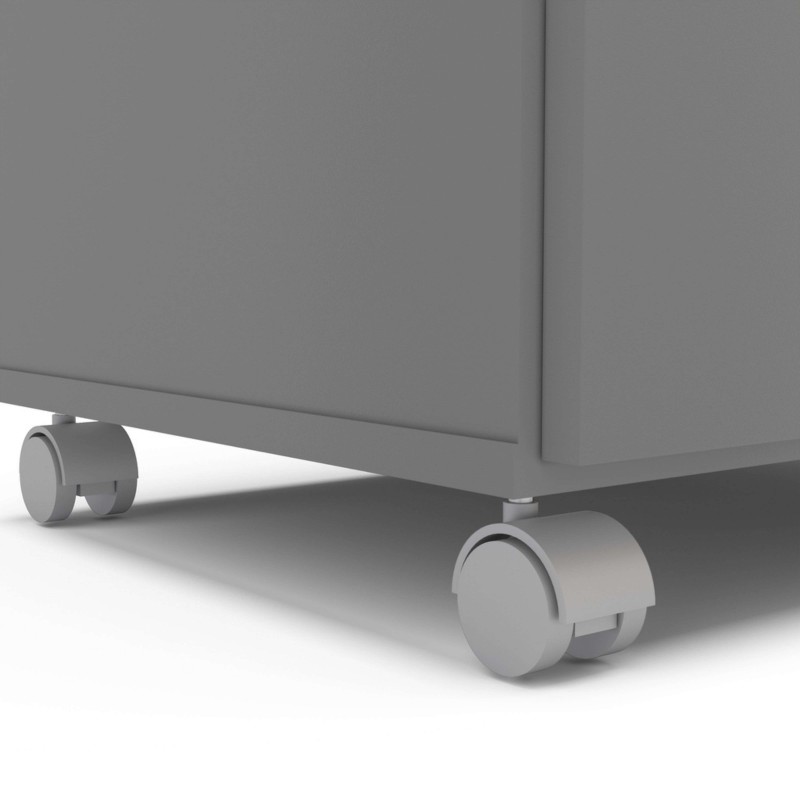 Mueble organizador gris con estante superior y cesto extraíble con divisiones internas y tirador blanco