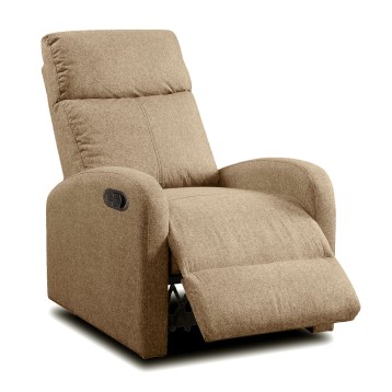 Sillón reclinable en tela beige con reposapiés extensible y botón de accionamiento manual