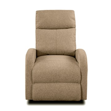 Sillón reclinable tapizado en tela beige con respaldo alto y brazos redondeados vista frontal